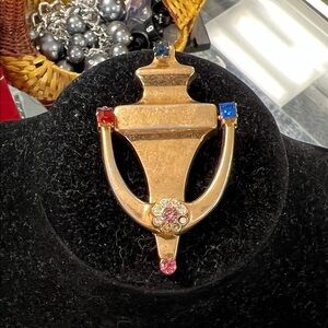 Vintage Coro door knocker gold brooch with gemstones